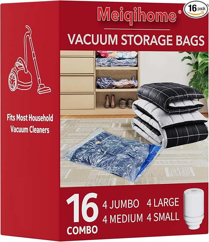 Vacuum Storage Bags with Electric Air Pump 16 Combo (4 Jumbo/4 Large/4 Medium/4 Small), Plastic Packaging Bags,Travel Vacuum Bags For Luggage,Clothes, Pillows, Comforters, Blankets, Bedding