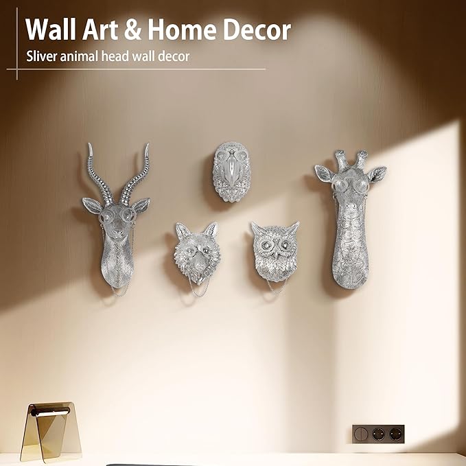 UITWMKTG 5 Pack Silver Animal Head Wall Decor Modern Home Decor Resin Animal Sculptures Wall Mount Vintage Head Wall Art for Living Room Hanging Decoration
