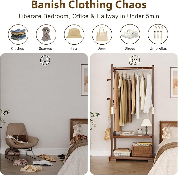 Solid Wood Clothes Rack with 2 Shelves & 4 Hooks for Hanging Clothes Garment Wallets Hats, Clothing Rack Heavy Duty Coat Rack Freestanding with Storage Hall Tree for Hallway Bedroom Living Room