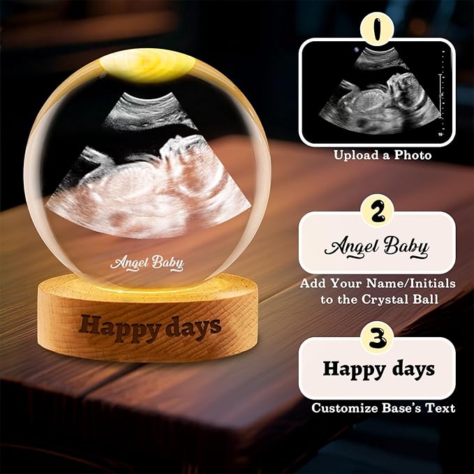 Custom Ultrasound Crystal Ball withText Photo Personalized Ultrasound Picture Frames with Light Holder Engraved Crystal Ball Gift for Expecting Parents