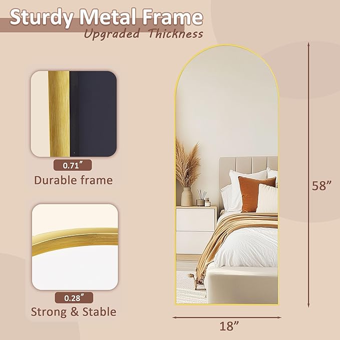 Full Length Mirror, 58" x 18.5" Arched Full Body Mirror Large Standing Floor Mirrors, Mirrors for Bedroom, Bathroom, Living Room Standing or Wall Leaning, Gold