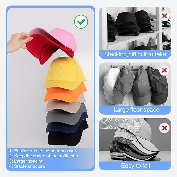 Hat Organizer for Baseball Caps, 2 Pack Transparent Hat Rack for Wall Hold up to 18 Hats Strong Adhesive Hat Hooks Stand Hat Hanger Organizer Storage Holder Display for Door Closet