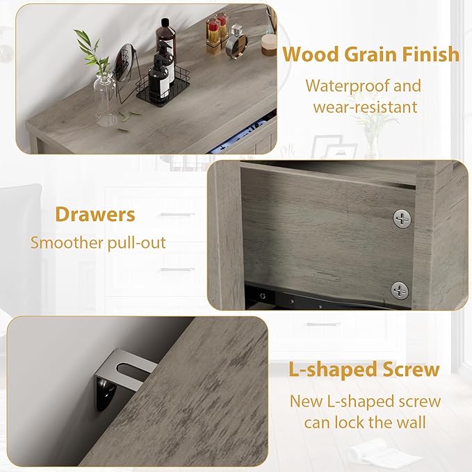 5 Drawer Dresser for Bedroom - Farmhouse 44.9" Tall Chest of Dresser with Large Storage, Rubst Wood Construction for Living Room, Hallway & Entryway - Gray