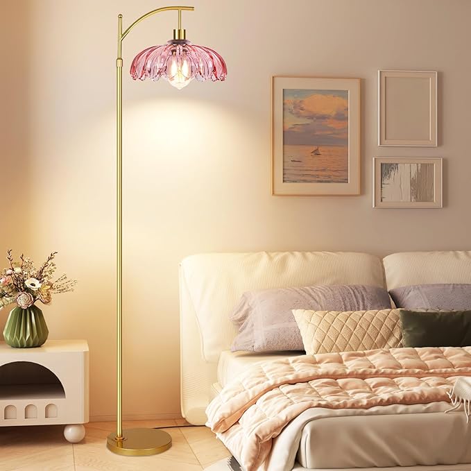 Pink Floor Lamp for Living Room,Bedroom,Gold Dimmable Standing Lamp with Remote,Mid Century Modern Brass Tall Lamp Boho Floor Lamps Arc Stained Glass Flower Floor Light Lamp Girls kids Bohemian