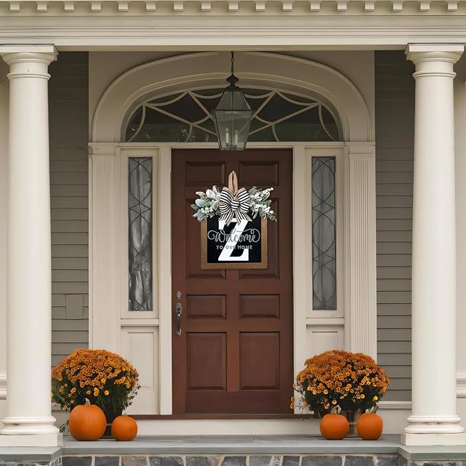 Ultra Large 14'' Last Name All Year Round Front Door Wreath with 26 Initial Letter Welcome Sign All Seasons Eucalyptus Garland and Bow Wreaths for Front Door Porch Farmhouse Decoration (Z)