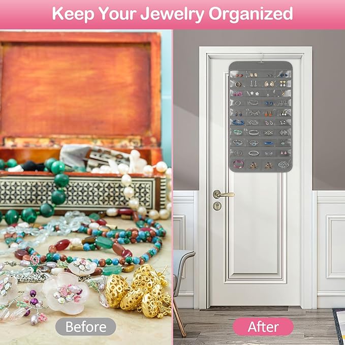 Hanging Jewelry Organizer for Closet with Swiveling Hanger, 17 x 30 In, 80 Clear Pockets Jewelry Organizer Hanging for Jewelries, Earrings, Accessories (Beige) (2, Gray)