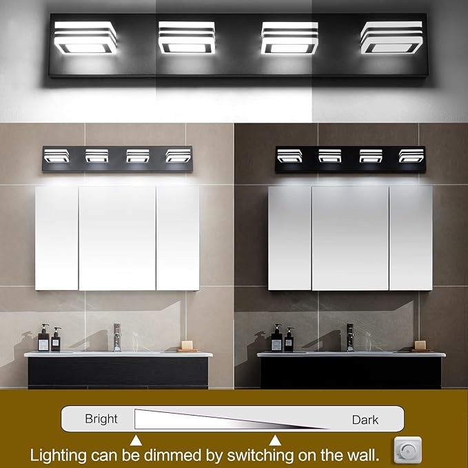 SOLFART Black Bathroom Light Fixtures 4 Lights Bathroom Vanity Lighting LED Dimmable Modern Black Vanity Lights Over Mirror
