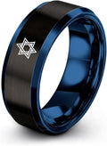 Mezuzah star Of David Ring - Gift for Jewish Family - Flat Dome Bevel - 8mm - Men Women - Yellow Gold Black Silver Blue - Anniversary Wedding - Personalized Custom Engraving - Band - Brushed Polished