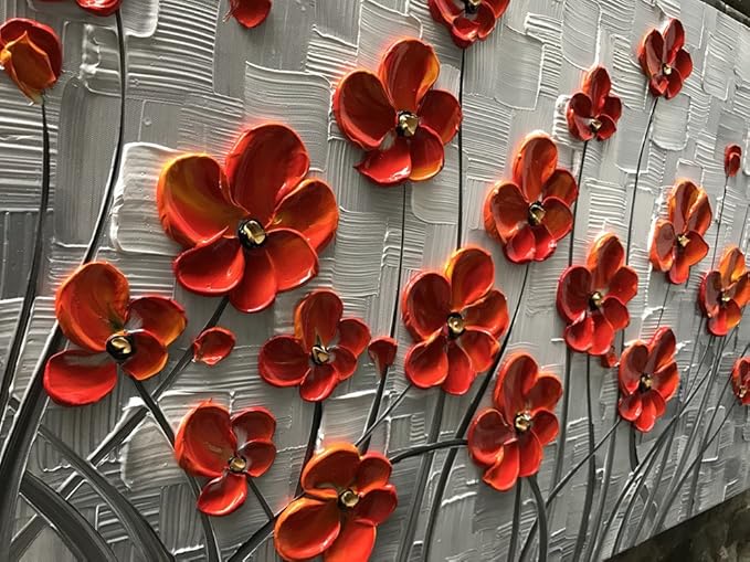 YaSheng Art - Hand painted 3D Oil Paintings On Canvas Red Flowers Paintings Modern Home Decor Abstract Artwork Canvas Wall Art Paintings,Stretched and Framed Ready to Hang 24x48inch