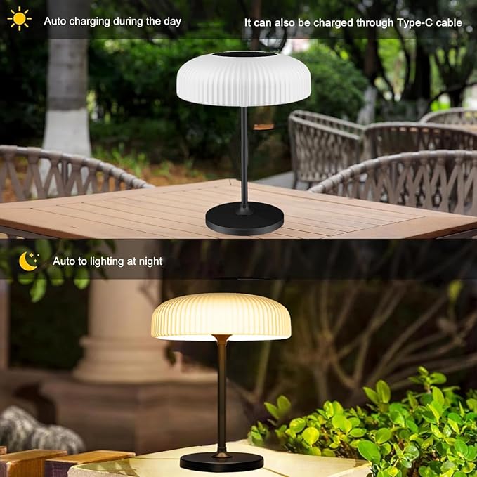 LED Solar Table Lamp, IP65 Waterproof, Touch Control, 3 Modes, USB-C Charging, White Dome Shade with Black Base, Indoor Outdoor Use (White)