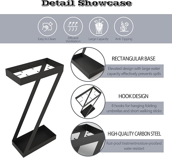 Umbrella Holder for Entryway Black Umbrella Stand indoor，Stores Umbrellas Canes Equipped with hooks for Storing Foldable for use in Homes, Offices, Hotel Lobbies