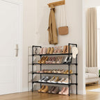 4 Tier Shoe Rack for Closet Shoe Organizer with 5 Hooks, Long Shoe Shelf Storage for Shoe and Boot Stackable Free Standing Shoe Rack for Entryway, Garage, Small Spaces, Dorm, Black