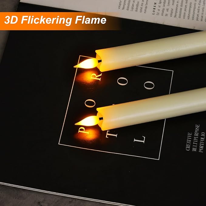 Homemory 2 Pcs Real Wax Made Flameless Taper Candles with Remote and Timer, 9.6" Ivory Battery Operated Candle Stick Flickering, Led Taper Candles with Lifelike Flame for Indoor Home Decor