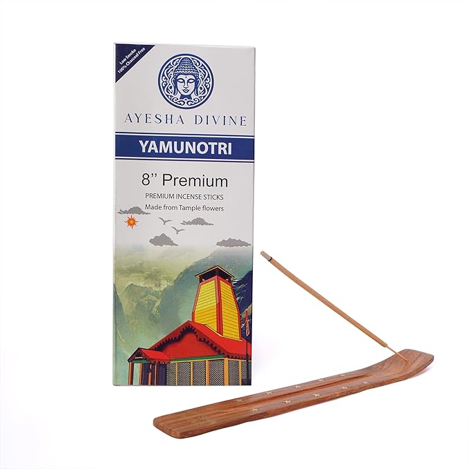 Incense Sticks Jasmine & Musk – 80 Charcoal-Free Premium Incense Sticks Made from Temple Flowers | 8 Inch Long-Lasting | Includes Incense Burner Stand | Ayesha Divine Yumnotri