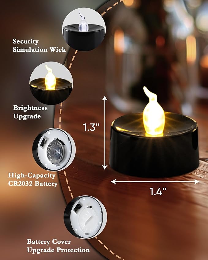 Black Candles, 12 Pack Tea Lights Candles Battery Operated, LED Tealight Candle, Flameless Votive Candle for Fall Holiday Decor, Theme Party -1.4" D X 1.3" H