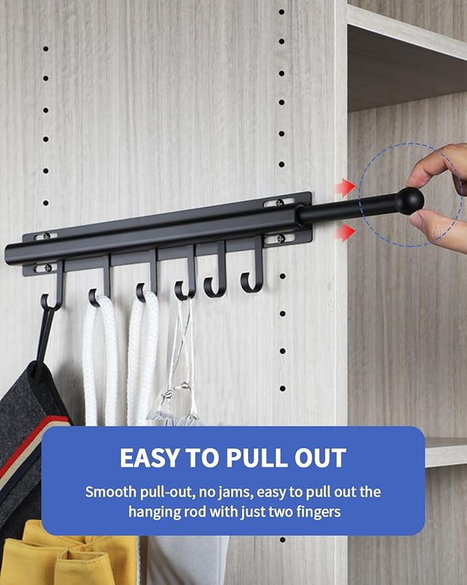 Valet Rod for Closets Pull Out Closet Valet Rod Slide Out Extra long 16.5 inch Black Valet Rods for Closets With 6 Hooks