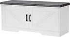 2-Tier Storage Bench, 39.4" Wide Shoe Bench with Padded Seat Cushion, Entryway Bench with 2 Barn Doors and Adjustable Shelf, White