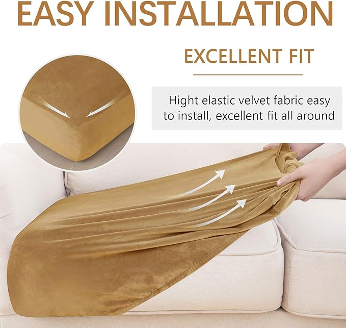 hyha Velvet Couch Cushion Covers, Soft Sofa Seat Covers for sectional 2 Cushion Couch Washable, Magic Sofa Slipcover with Elastic Bottom, Non-Slip Furniture Protector for Pets, Kid(Medium, Camel)