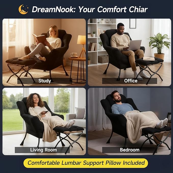 Lazy Chair with Ottoman, Modern Accent Chair with Lumbar Pillow, Black Sofa, Lounge Chairs with Folding Footrest, Oversized Supportive Chairs for Bedroom, Reading