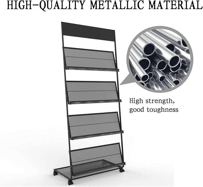 TONGMO Magazine Rack: Floor-Standing 4-Layer with Wheels, Brochure Display Stand, High-hardness metal for Exhibitions, Office, and Any Organization Requiring Information Display(Black)