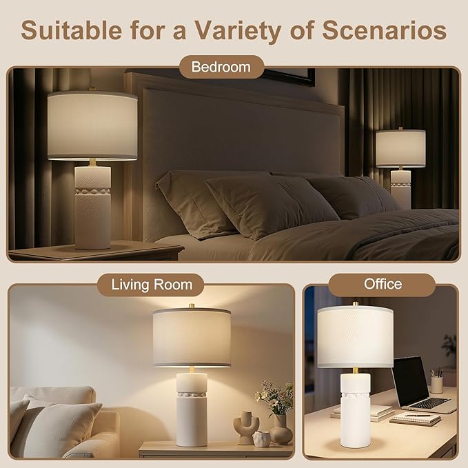24" Ivory Modern Ceramic Bedside Table Lamps Set of 2, Boho Tables Lamps for Living Room with 3-Way Dimmable Bulb, Rustic Nightstand Lamp with Linen Shade for Bedroom Office (Bulbs Included)