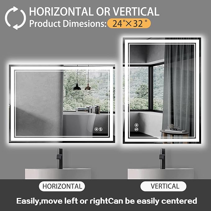 2 Pack 24“ x 32” LED Bathroom Mirror Fogless LED Mirror for Bathroom Dimmable 3 Colors Bathroom Mirror with Lights Smart Mirror Memory Function Wall Mounted Horizontal/Vertical