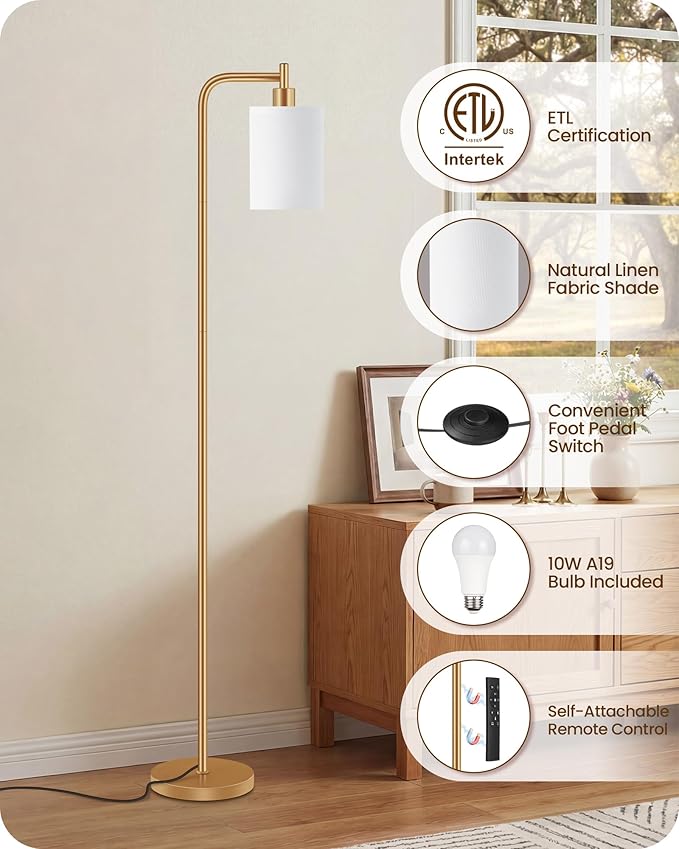 Dimmable Floor Lamp for Living Room with Remote and Foot Switch, Modern Standing, Corner Lamp,10W Bulb 3 Color Temperatures, for Bedroom, Office, Corner, ETL Listed, Gold and White DCW19LD05