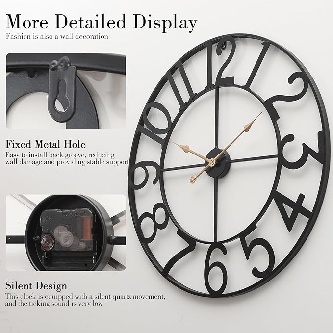 Modern Industrial Wall Clock with Cutout Metal Numerals, Grey and Gold Vintage Luxury Design for Living Room and Office Decor, 30 Inch