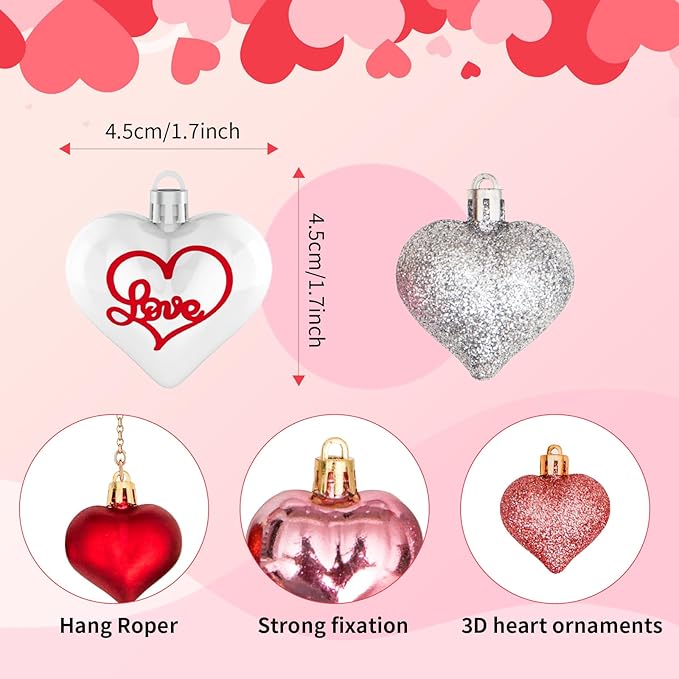 45Pcs Valentine's Day Heart Shaped Ornaments, Heart Shaped Baubles Red Pink Glitter White Silver Hanging Decorations for Valentine's Day Christmas Wedding Anniversary(9 Styles)
