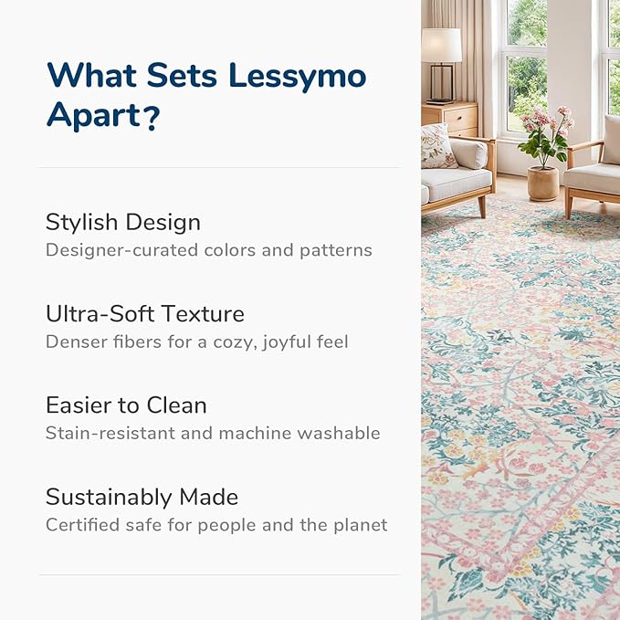 Lessymo Bedroom Rug 5x7 Area Rug for Living Room, Vintage Washable Floral Floor Mat Pink Rugs for Girls, Low Plie Non Skid Indoor Boho Forest Rugs for Nursery Dining Room, Pink Green