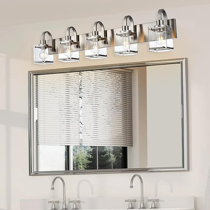 Bathroom Vanity Light 5-Light Wall Sconce Lighting Modern Wall Light with Clear Glass Shade Modern Brushed Nickel Wall Lamp Mounted Lights Over Mirror for Living Room, Bedroom, Hallway