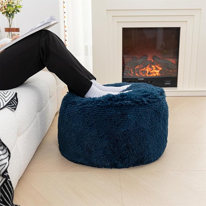 Pouf Ottoman Unstuffed Round Foot Rest Floor Foot Stool Pouf Bean Bag Cover with Storage for Living Room Bedroom Navy Blue No Filler