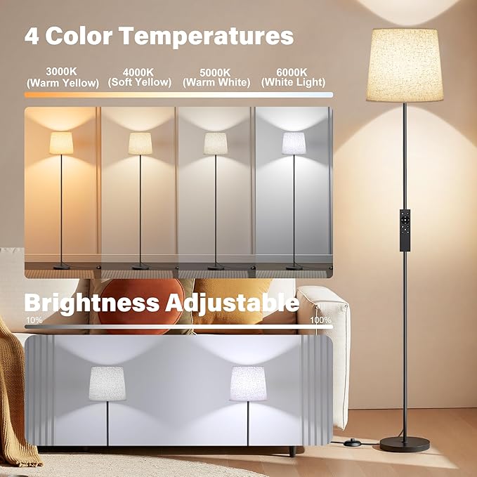 Floor Lamp with Linen Shade - 62" Dimmable LED Standing Lamp with Remote Control, 9W E26 Bulb Included, 3000-6000K, Modern Floor Reading Light for Bedroom Living Room Office Corner, Black