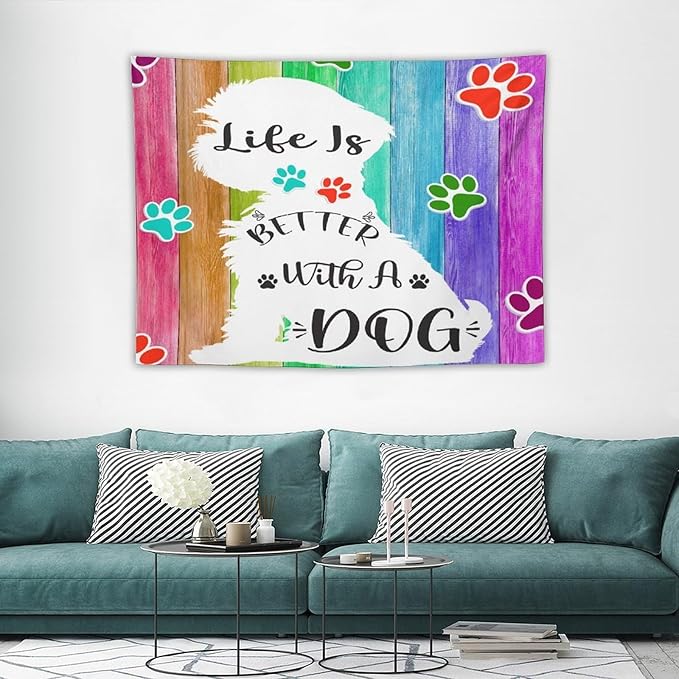 VUMIVI Cute Dog Tapestry Rainbow Color Planks Rustic Farmhouse Home Decor Pet Paws Tapestry Wall Hanging for Living Room Bedroom Dorm Classroom Aesthetic Decor W40xL30in