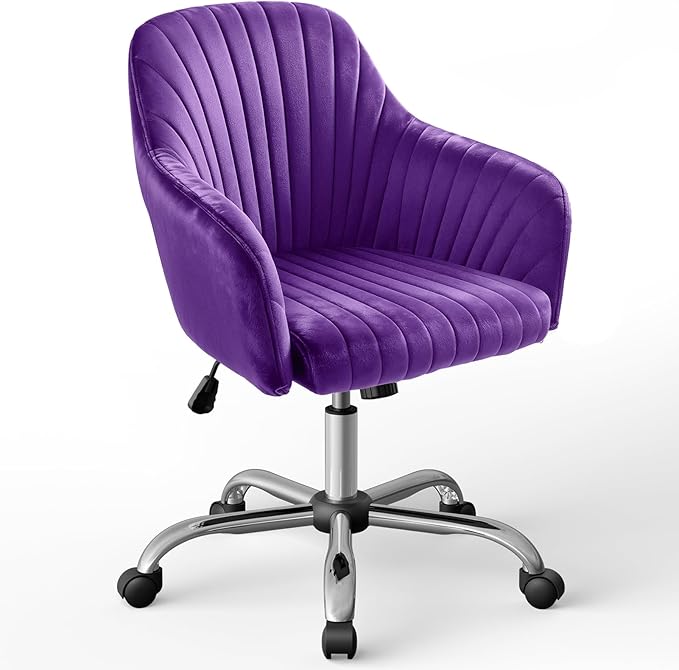 Warmiehomy Desk Chair, Velvet Office Chair for Home Office, Comfy Vanity Chair, Girl Cute Makeup Chair with Arm Rest for Bedroom Dressing Room, Purple
