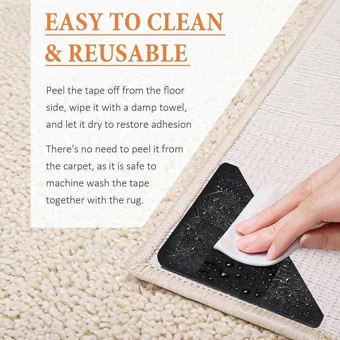 Songrey Rug Tape Rug Corner Grippers 16PCS, Reusable Double-Sided Carpet Tape to Hold Area Rugs Down, Non Slip Rug Pads Gripper for Hardwood Floors No Damage