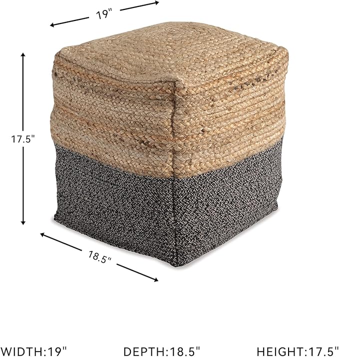 Signature Design by Ashley Sweed Valley Farmhouse Jute Braided Pouf, 17.5 x 20.25 inches, Natural & Black