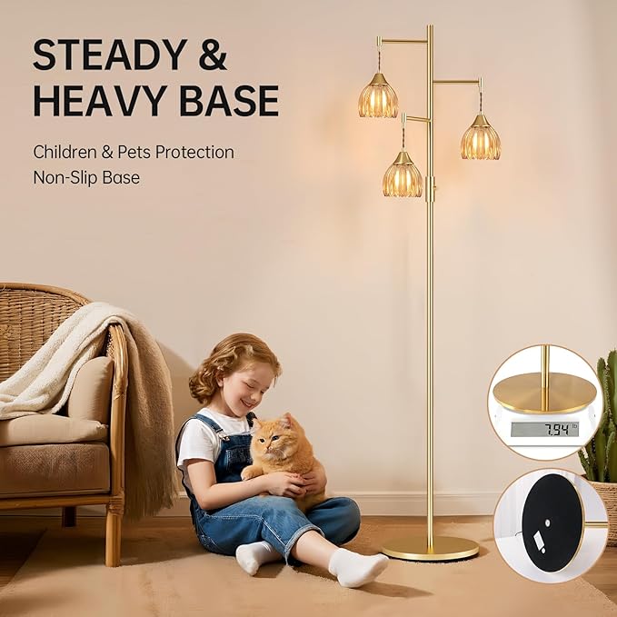 Dimmable Floor Lamp for Living Room, Bedroom, Gold Standing Lamp with 3pcs 6W Bulbs, Vintage Brass Floor Lamps for Corner, Nursery (Amber Tulip)