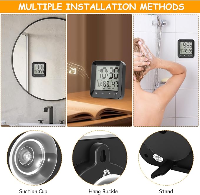 Houkiper Shower Clock Waterproof Bathroom Timer, Digital Shower Timer with Countdown, Suction Cup Clock, LCD Display, Temperature Gauge Wall Clock Touch Screen Waterproof Clock for Bathroom, Black
