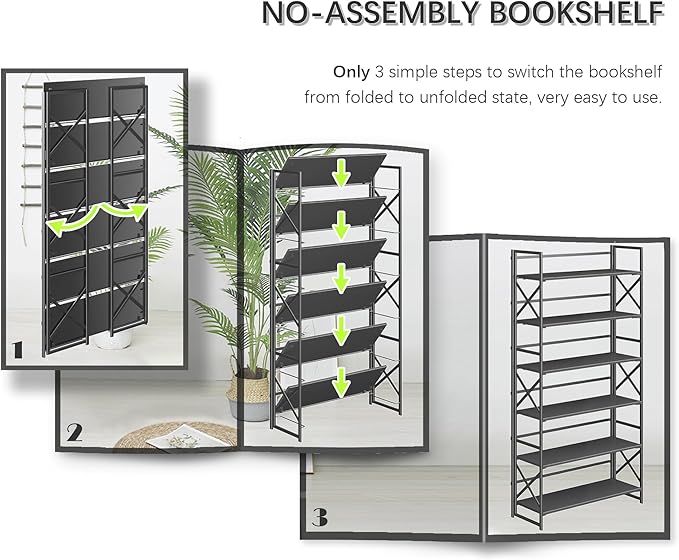 4NM Extra Wide 6 Tiers No Assembly Book Shelves, 61.8" H Folding Bookshelf Bookcase Open Industrial Foldable Shelves for Bedroom, Living Room, Home Office - All Black