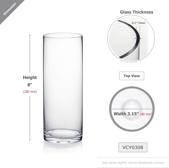 WGVI Quality Thick Clear Cylinder Glass Vases, 3" W x 8" H, Bud Vase Skinny Narrow Floral Bouquet Flower Container for Wedding Centerpieces Tabletop Décor Brush Pen Holder, Bulk Wholesale, 18 Pieces
