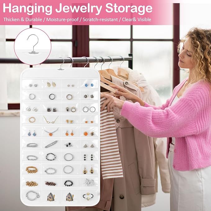 Hanging Jewelry Organizer for Closet with Swiveling Hanger, 17 x 30 In, 80 Clear Pockets Jewelry Organizer Hanging for Jewelries, Earrings, Accessories (Beige) (3, White)