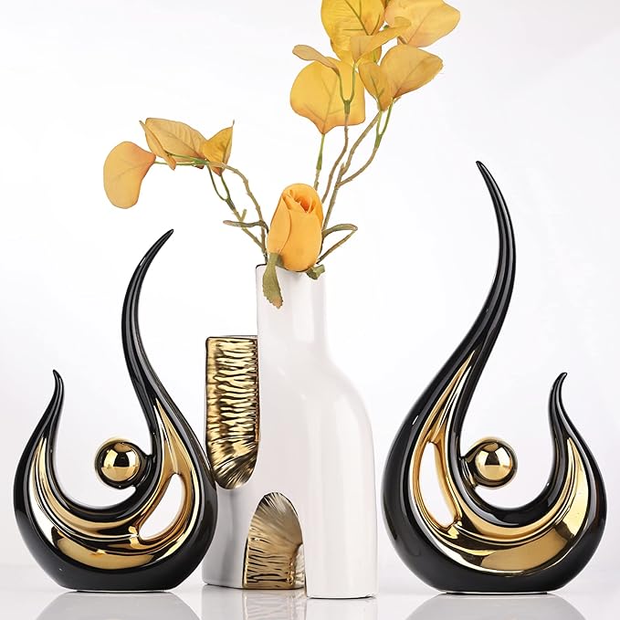 XMGZQ 2pcs Black and Gold Modern Abstract Art Statue Table Decoration,Elegantes Ceramic Statue for Home Décor Accent,Mantel,Bookshelf,Centerpiece Table Decorations for Dining Room,adornos para sala