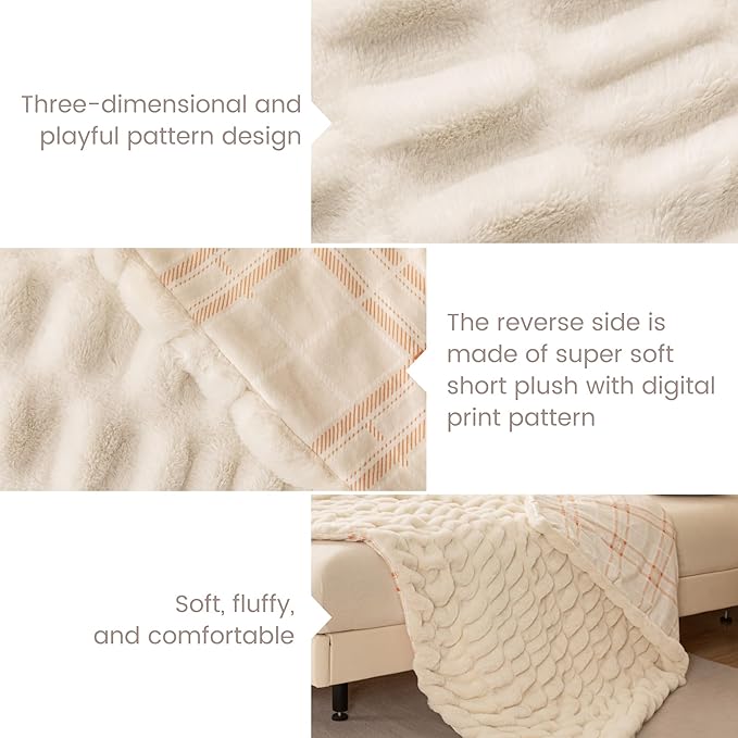 Sophia & William Ruched Faux Fur Throw Blanket Bed Blanket - Luxury Lightweight Plush Fuzzy Cozy Soft Blankets, Cream, 60" x 80"