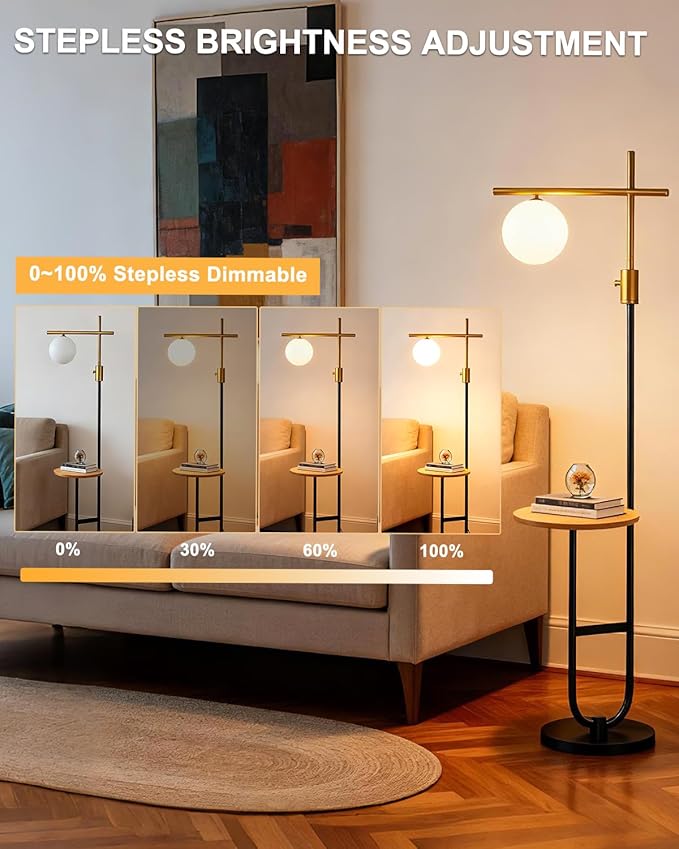 Lightdot 66IN Gold&Black Dimmable Floor Lamps with Table, Modern Standing Tall Lamp with Globe Shade, Cross-Shaped Head and U-Pole Base for Living Room/Bedroom/Sofa Beside/Corner Decor(Bulb Included)