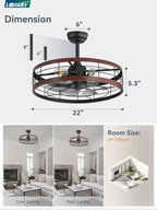 LEDIARY 22 inch Caged Ceiling Fan with Light, Fandelier Industrial Ceiling Fan with Remote, Farmhouse Fan Lights Ceiling Fixtures for Kitchen, Bedroom, Outdoor（6 Speed, Timing）-Walnut