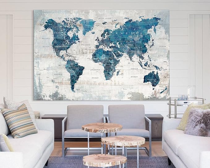 Wall Art Living Room Office Pictures Large World Map Wall Decor Oversized Decor for Women Framed Blue Artwork Rustic Framhouse House Decorations