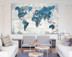 Wall Art Living Room Office Pictures Large World Map Wall Decor Oversized Decor for Women Framed Blue Artwork Rustic Framhouse House Decorations