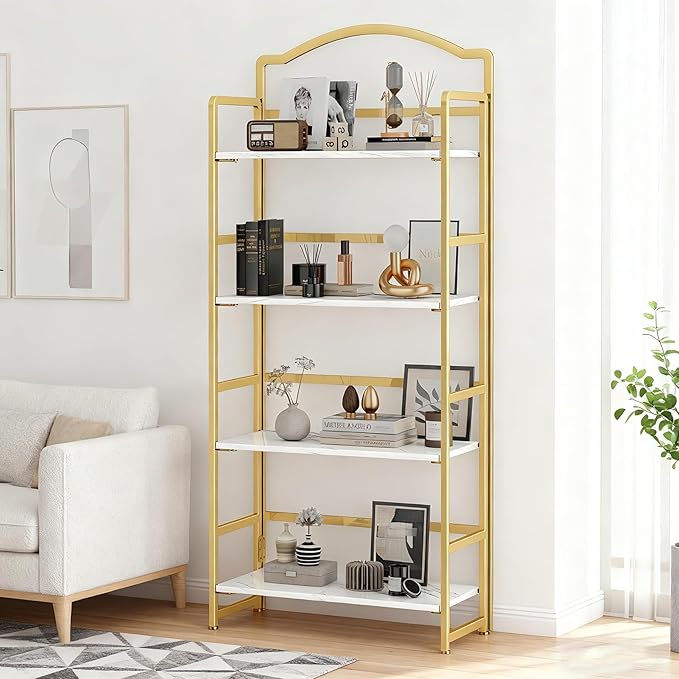 JSB No Assembly Folding Bookshelf, 4 Tier Book Shelf for Storage, Vintage Wood Foldable Bookcase for Living Room, Bedroom, Office Organization Shelves