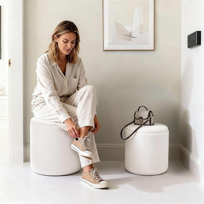 CAROLMADE Set of 2 Round Ottoman with Storage, Upholstered Vanity Stool Support 330lbs Multifunctional Coffee Table Ottoman Boucle Foot Rest Stool or Living Room Bedroom Dorm (White)